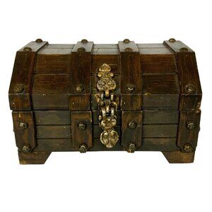 Vintage Wooden Treasure Chest Jewelry Box Hinged Lid Metal Accents Mexico